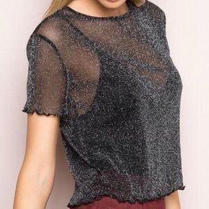 Brandy Melville Sheer Sparkly Black Tee | One Size | Frill Edge Detail